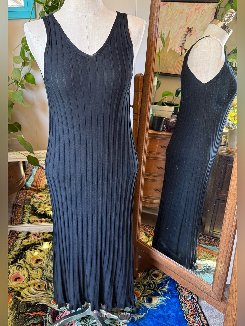 All In Favor V Neck Sleeveless Ribbed Knit Tank Dress Black , Size M/L